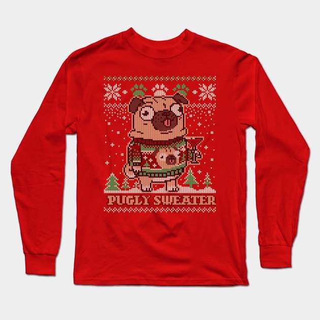 Pugly Christmas Sweater Pug T shirt Merry Pugmas Dog Lover Long Sleeve T-Shirt by vo_maria